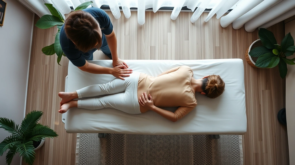 An overhead view of a physical therapy session showing a patient lying on a treatment table while a therapist performs manual therapy, with soft lighting and plants creating a healing environment