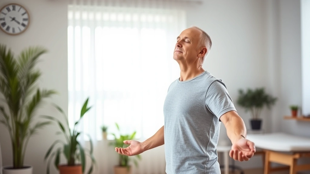 Patient practicing mindful movement during rehabilitation, standing in balanced posture with eyes closed, serene expression, bright clinical space with plants, embodying mind-body connection in therapy