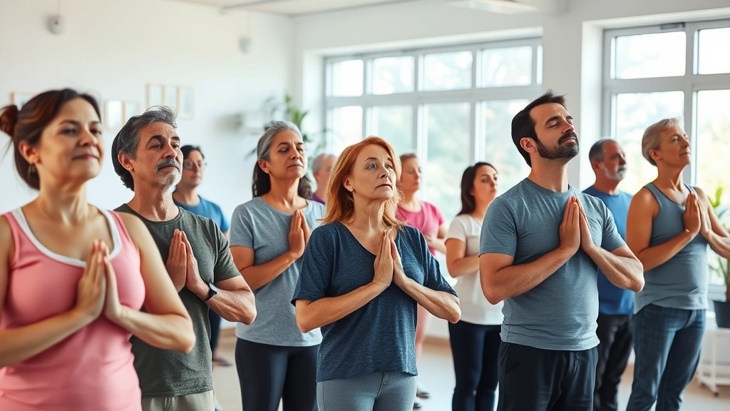 A diverse group of patients in a rehabilitation setting performing synchronized breathing exercises, standing with eyes closed in a focused mindful state, peaceful expressions, modern bright therapy studio with natural elements visible
