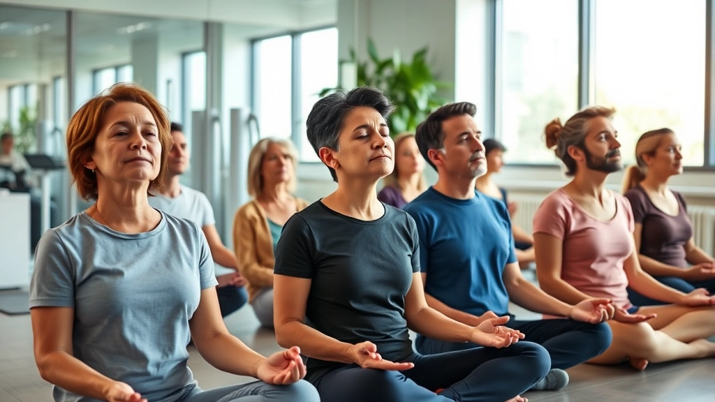 Diverse group of patients in PT clinic engaged in mindful breathing exercise, sitting upright with good posture, peaceful expressions, modern healthcare facility background, natural daylight streaming through windows