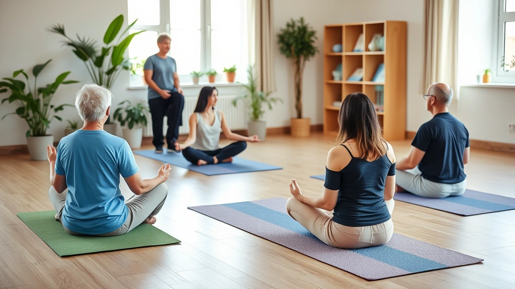 Group mindfulness meditation session in rehabilitation facility, multiple patients sitting peacefully on mats, therapist leading practice, bright airy room with plants, embodying holistic wellness and community healing approach