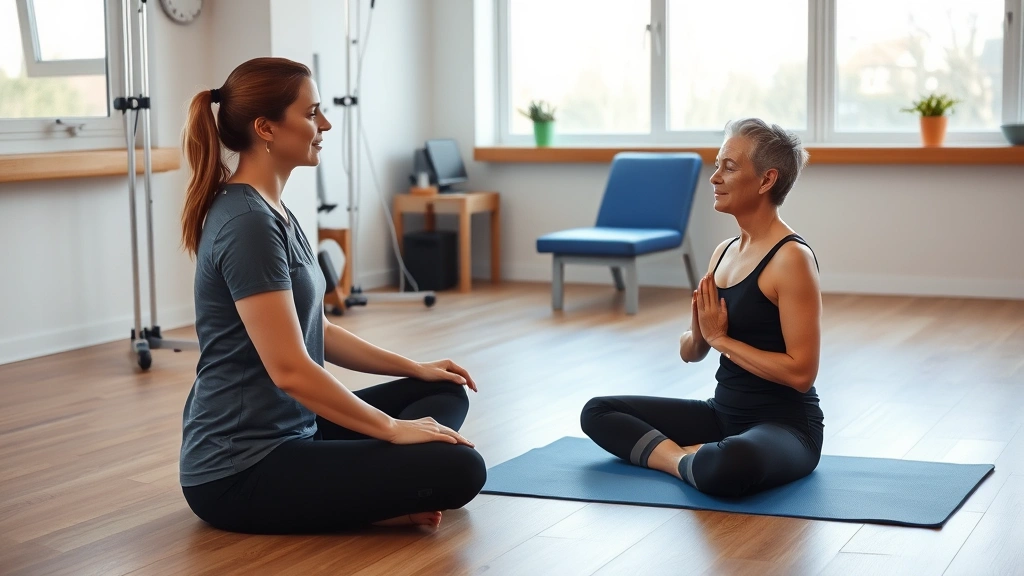 Therapist and patient in rehabilitation room during mindfulness-integrated exercise, patient in lotus position performing breath awareness, modern clinic with natural light from windows, serene atmosphere