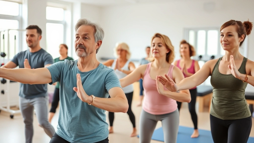 A diverse group of patients performing mindful movement exercises together in a bright physical therapy studio, focused expressions showing present-moment awareness, modern rehabilitation equipment visible but not prominent, emphasizing mind-body connection