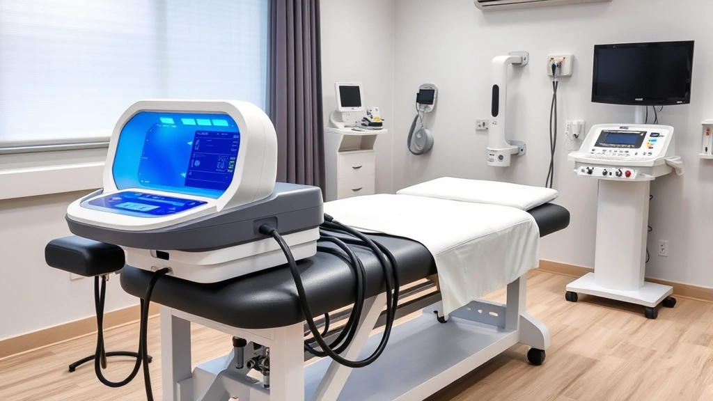 Advanced physical therapy technology including ultrasound machine and electrical stimulation equipment on treatment table, professional medical facility, modern equipment display
