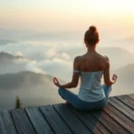 Person sitting in meditation posture on a wooden platform overlooking misty mountains at sunrise, serene expression, natural lighting, photorealistic, peaceful atmosphere, no text or distractions