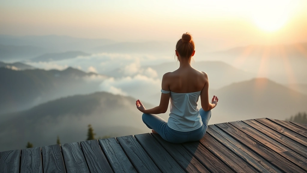 Person sitting in meditation posture on a wooden platform overlooking misty mountains at sunrise, serene expression, natural lighting, photorealistic, peaceful atmosphere, no text or distractions