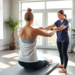 A serene physical therapy clinic with natural light streaming through large windows, showing a patient performing a therapeutic exercise with proper posture while a therapist guides them with hands-on support, focusing on mindful movement and healing energy