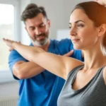 Physical therapist guiding patient through mindful stretching exercise in bright clinical setting, patient's face showing focused concentration, natural window lighting, calm professional environment