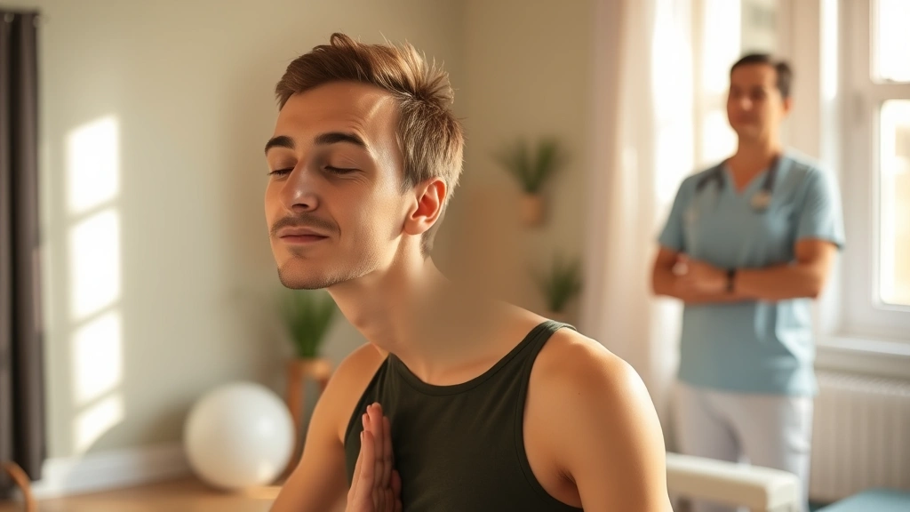 A person in a calm therapy clinic performing mindful breathing exercises during physical rehabilitation, warm natural lighting, therapist in background monitoring posture, peaceful expression