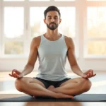 A serene person in meditation posture sitting cross-legged on a yoga mat in a bright, minimalist room with soft natural light streaming through large windows, showing peaceful facial expression and relaxed shoulders, photorealistic