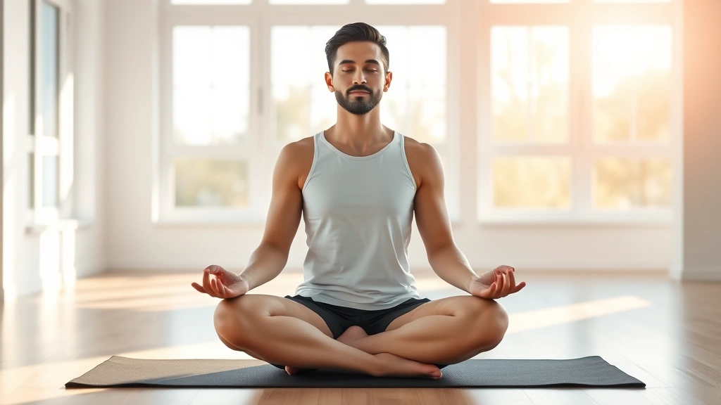 A serene person in meditation posture sitting cross-legged on a yoga mat in a bright, minimalist room with soft natural light streaming through large windows, showing peaceful facial expression and relaxed shoulders, photorealistic