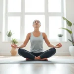 A serene person sitting cross-legged in a peaceful meditation pose on a yoga mat in a bright, minimalist room with soft natural light filtering through large windows, surrounded by plants and calm neutral colors, eyes closed in peaceful focus