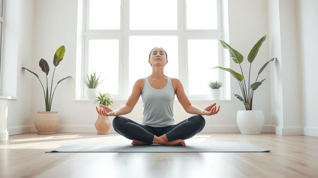 A serene person sitting cross-legged in a peaceful meditation pose on a yoga mat in a bright, minimalist room with soft natural light filtering through large windows, surrounded by plants and calm neutral colors, eyes closed in peaceful focus