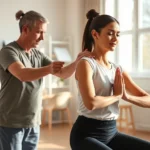 Photorealistic image of a patient in a bright physical therapy clinic performing a mindful movement exercise with a therapist gently guiding their posture, both focused and calm, natural lighting from large windows