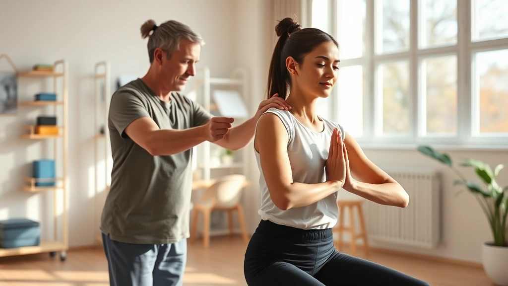 Photorealistic image of a patient in a bright physical therapy clinic performing a mindful movement exercise with a therapist gently guiding their posture, both focused and calm, natural lighting from large windows