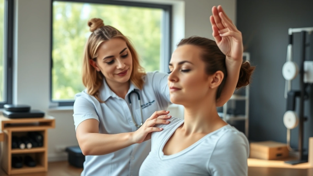 Professional physical therapist guiding patient through mindful movement exercise in modern clinical setting, patient's face peaceful and focused, bright natural lighting, therapeutic equipment visible