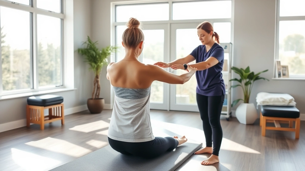 A serene physical therapy clinic with natural light streaming through large windows, showing a patient performing a therapeutic exercise with proper posture while a therapist guides them with hands-on support, focusing on mindful movement and healing energy