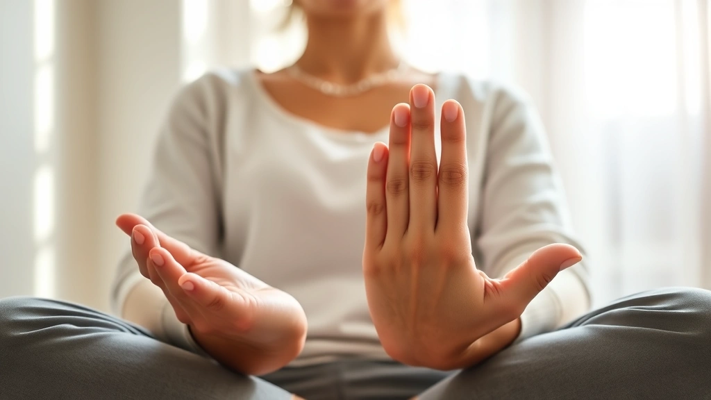 Close-up of hands in meditation mudra position on lap, soft natural light streaming through window, peaceful expression, photorealistic, calm environment, no visible text