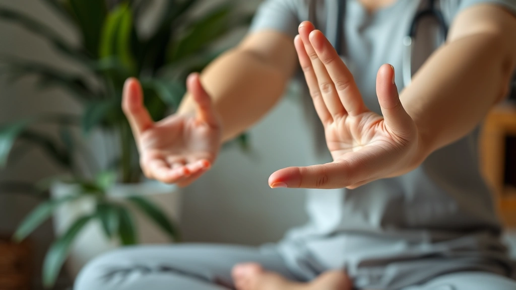 Close-up of hands performing gentle therapeutic stretching with focused attention, demonstrating body awareness during mindful movement, soft clinical environment with plants