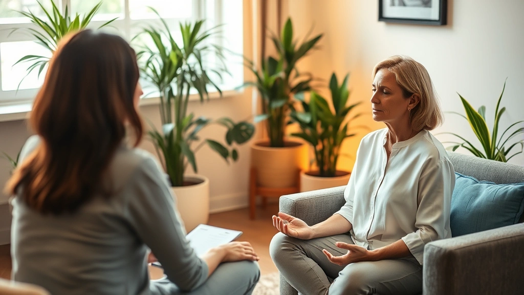 A therapist and client in a calm office setting during a mindfulness session, the client appears centered and peaceful while the therapist takes notes, warm lighting, comfortable furniture, plants in background, professional yet welcoming atmosphere