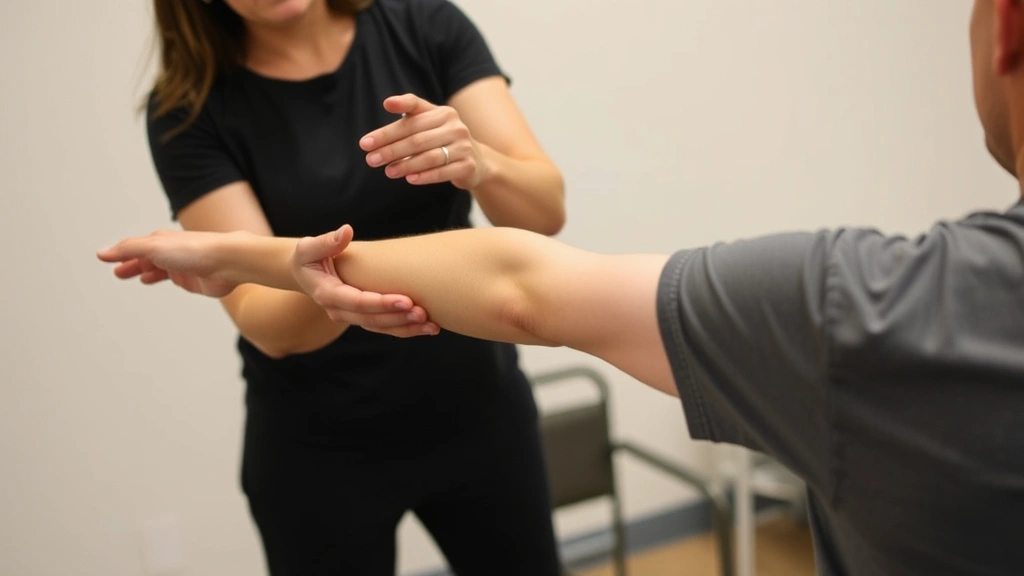 Hands-on physical therapy session showing therapist guiding patient's arm movement with focus on alignment, professional clinical setting with muted tones, demonstrating proprioceptive training