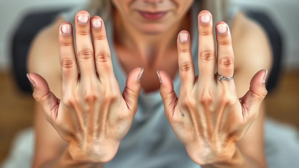 Close-up of patient's hands and arms during gentle therapeutic exercise with visible muscle engagement and relaxed facial expression, demonstrating mind-body awareness connection