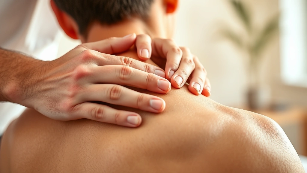Close-up of hands performing therapeutic soft tissue work on a patient's shoulder, demonstrating skilled manual therapy technique with warm lighting and calm environment, representing evidence-based treatment and professional care