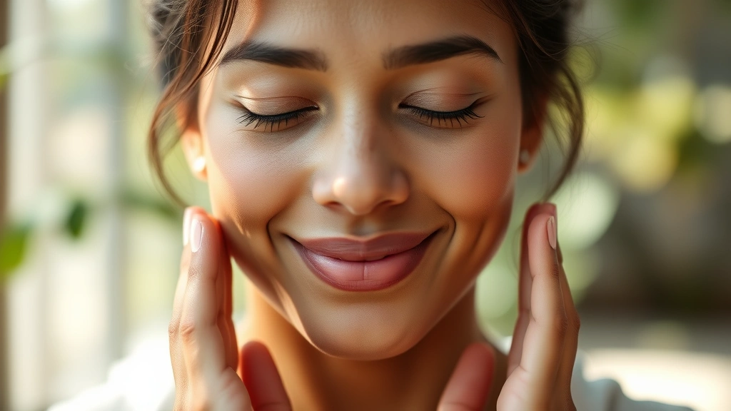 Close-up of a person's face showing peaceful expression during meditation practice, soft natural lighting, serene environment, hands in relaxation position, gentle smile, embodying mental clarity and emotional wellness