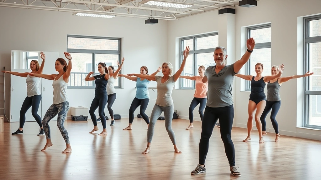 Photorealistic image of a diverse group of people in a physical therapy studio engaged in slow, intentional movement exercises, demonstrating various stretches and balance work with focused expressions and proper posture