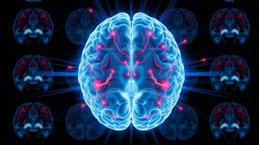 Brain imaging visualization showing neural pathways and activation patterns in meditation state, scientific and clinical aesthetic, representing neurobiological changes from mindfulness practice