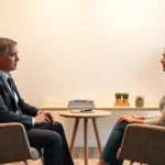 Professional therapist in modern office setting having a serious conversation with a client across from a desk, both sitting in comfortable chairs, warm neutral lighting, focused and respectful body language, no visible faces or identifying features