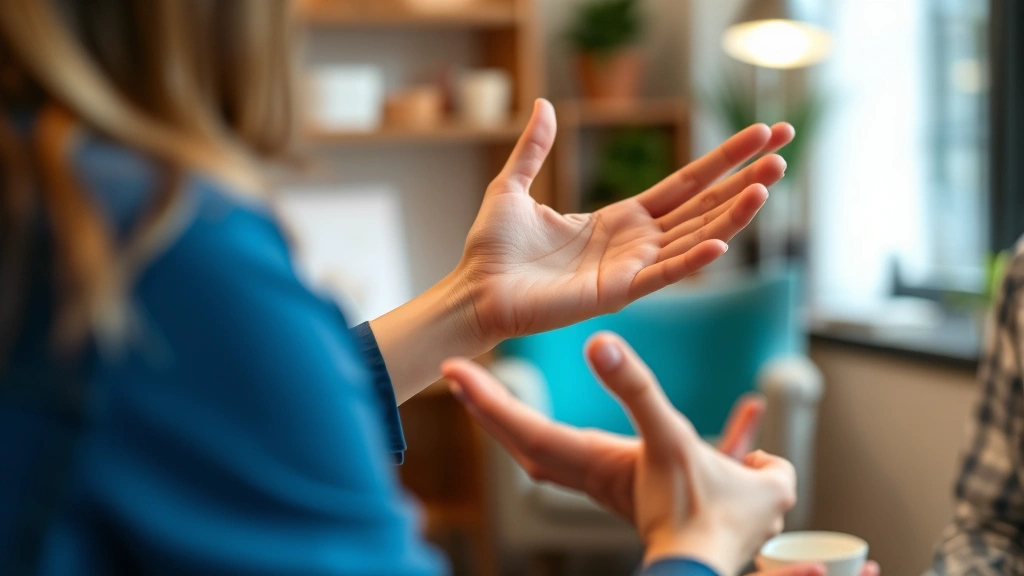 Close-up of a therapist's hands gesturing during a session, client partially visible, warm office environment with soft lighting, professional and compassionate demeanor, therapeutic setting details visible