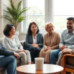 A diverse multi-generational family sitting in a comfortable therapy office environment, engaged in warm conversation with a licensed therapist facilitating discussion, natural lighting through windows, professional but welcoming setting, photorealistic