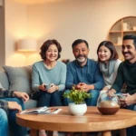 Multi-generational diverse family in modern living room having calm, constructive conversation around coffee table, warm lighting, genuine smiles, comfortable body language, professional therapeutic environment aesthetic, photorealistic