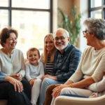 Multi-generational family sitting together in a modern therapy office, having an open conversation with genuine smiles and relaxed body language, warm natural lighting from large windows, professional but comfortable setting