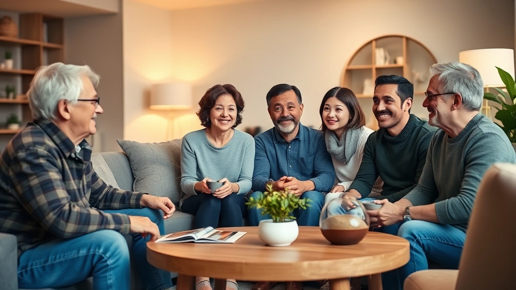Multi-generational diverse family in modern living room having calm, constructive conversation around coffee table, warm lighting, genuine smiles, comfortable body language, professional therapeutic environment aesthetic, photorealistic