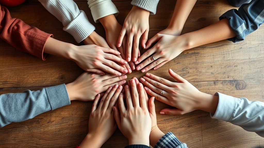 Close-up of diverse hands coming together in a circle on a wooden table, symbolizing family unity and connection, soft natural light, warm tones, showing support and togetherness