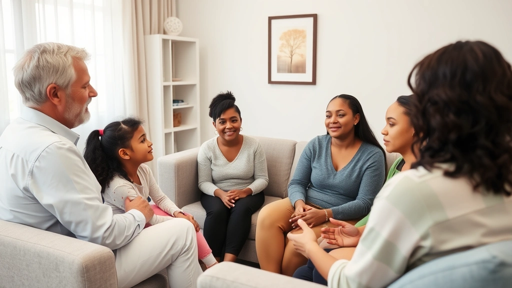 Licensed therapist facilitating family session in comfortable office setting, family members making eye contact, open body language, diverse representation, safe and welcoming space, neutral calming colors, photorealistic clinical environment