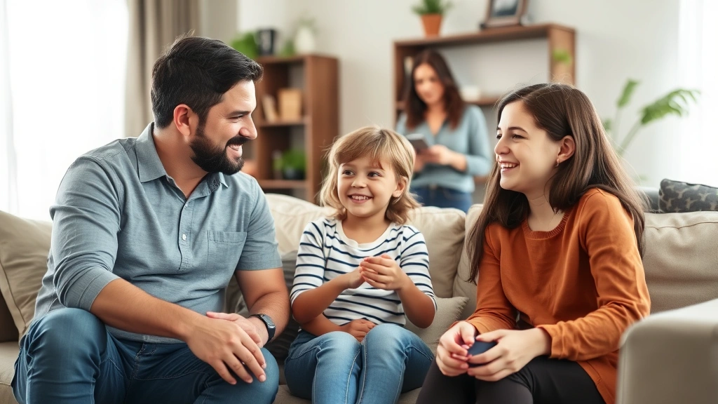 Family members of different ages engaged in active listening exercise, therapist facilitating conversation in background, comfortable living room setting, genuine emotional engagement visible on faces
