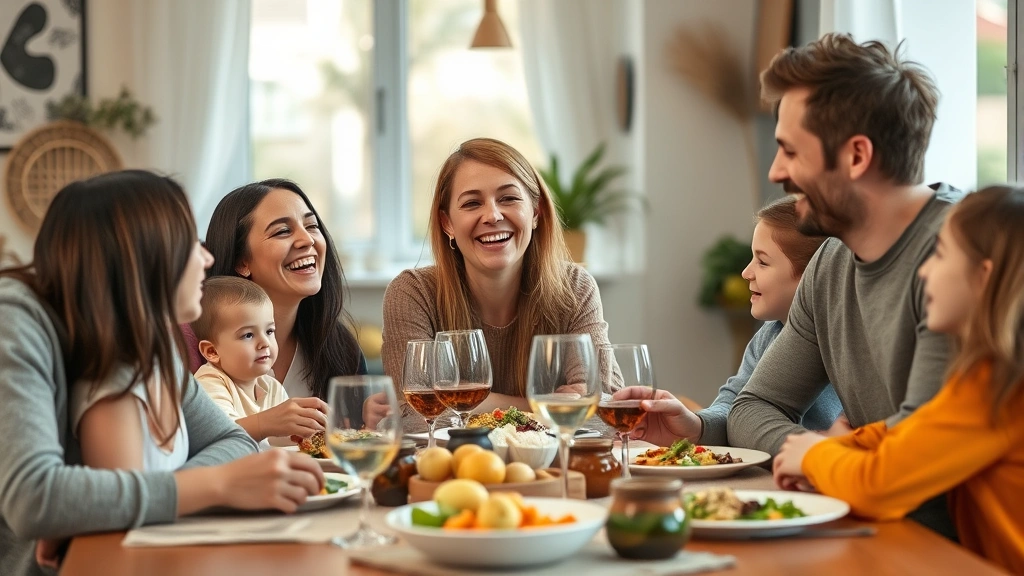 Family members showing improved connection - parents and teenage children laughing together at dinner table, warm family atmosphere, genuine emotional connection, natural lighting, diverse family composition, photorealistic authentic moment