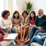 Diverse multigenerational family sitting in comfortable circle during therapy session, warm lighting, therapist with clipboard, genuine emotional connection visible, modern office setting