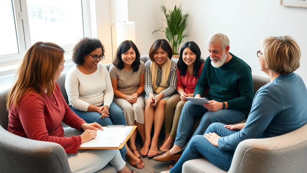 Diverse multigenerational family sitting in comfortable circle during therapy session, warm lighting, therapist with clipboard, genuine emotional connection visible, modern office setting