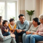 Multi-generational family sitting together in a warm, modern living room during a meaningful conversation, soft natural lighting, comfortable body language, diverse family members engaged and listening to each other