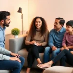 Professional therapist and diverse family in comfortable therapy office, warm lighting, engaged in conversation, showing active listening body language, modern minimalist setting with plants and soft furniture