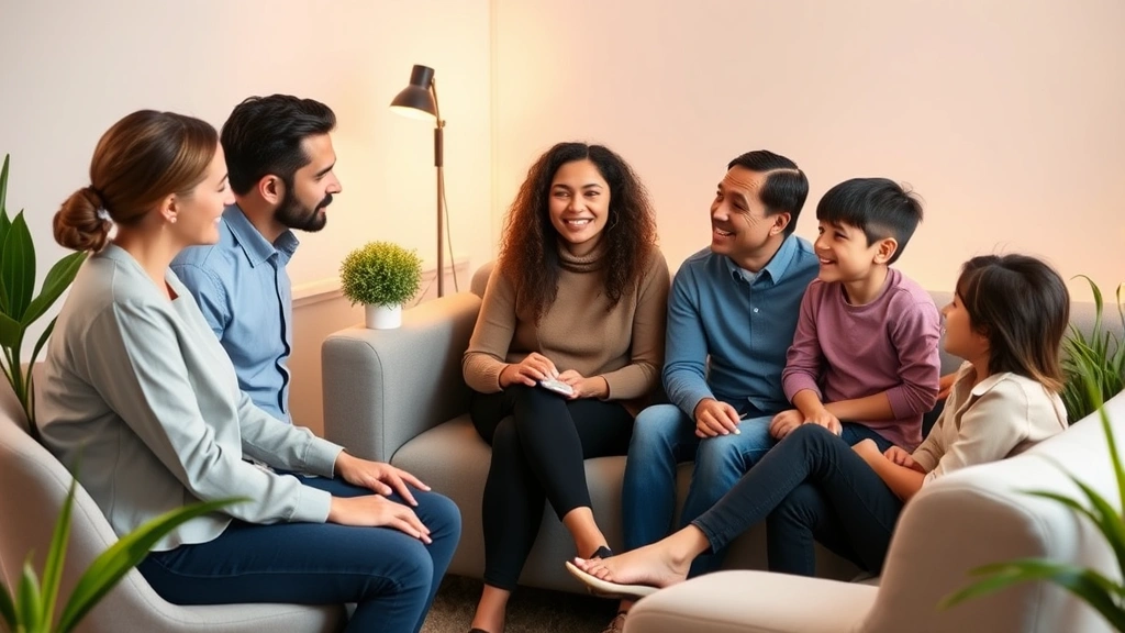 Professional therapist and diverse family in comfortable therapy office, warm lighting, engaged in conversation, showing active listening body language, modern minimalist setting with plants and soft furniture