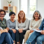 A diverse multigenerational family sitting together in a bright, modern therapy office with comfortable seating, genuine warm expressions, natural light from windows, therapist visible taking notes, calm peaceful atmosphere