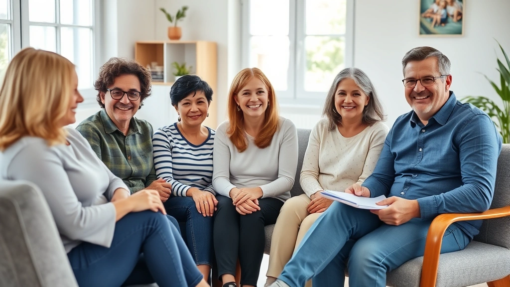 A diverse multigenerational family sitting together in a bright, modern therapy office with comfortable seating, genuine warm expressions, natural light from windows, therapist visible taking notes, calm peaceful atmosphere