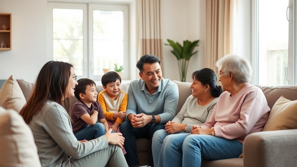 Multi-generational family sitting together in a warm, modern living room during a meaningful conversation, soft natural lighting, comfortable body language, diverse family members engaged and listening to each other