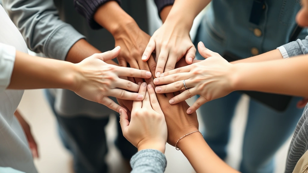 Close-up of family members' hands joining together in circle showing unity and support, soft natural lighting, diverse ages visible, symbolic of healing and connection