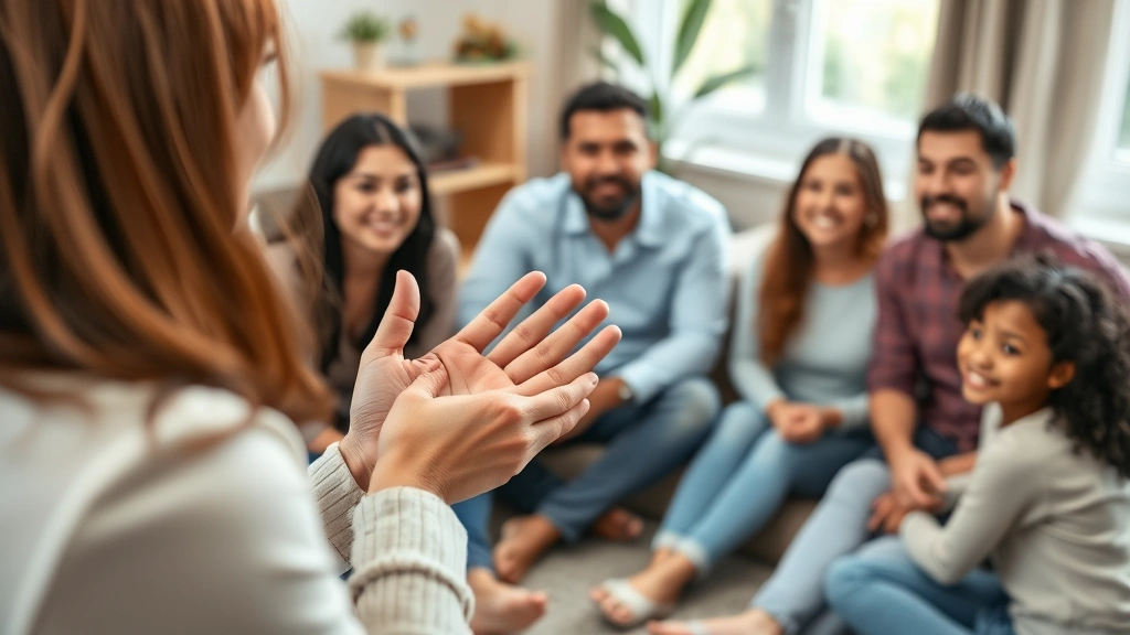 Close-up of a therapist's hands gesturing during explanation, diverse family members sitting in circle showing active listening, engaged facial expressions, comfortable home-like therapeutic setting, warm lighting